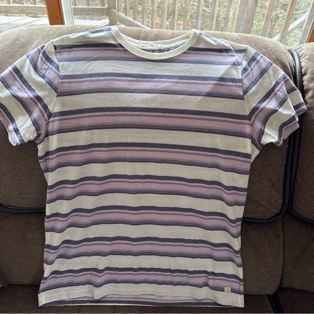 Marine Layer Signature Crew Tee - Lavender Stripe Mens L  Shirt Beach Re-spun